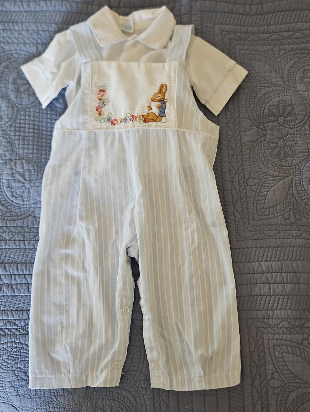 Vintage Classic Blue Striped Baby Overalls with Peter Rabbit Embroidery